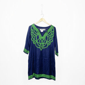 GRETCHEN SCOTT Designs Embroidered Tunic Dress navy green shift pashmina XS